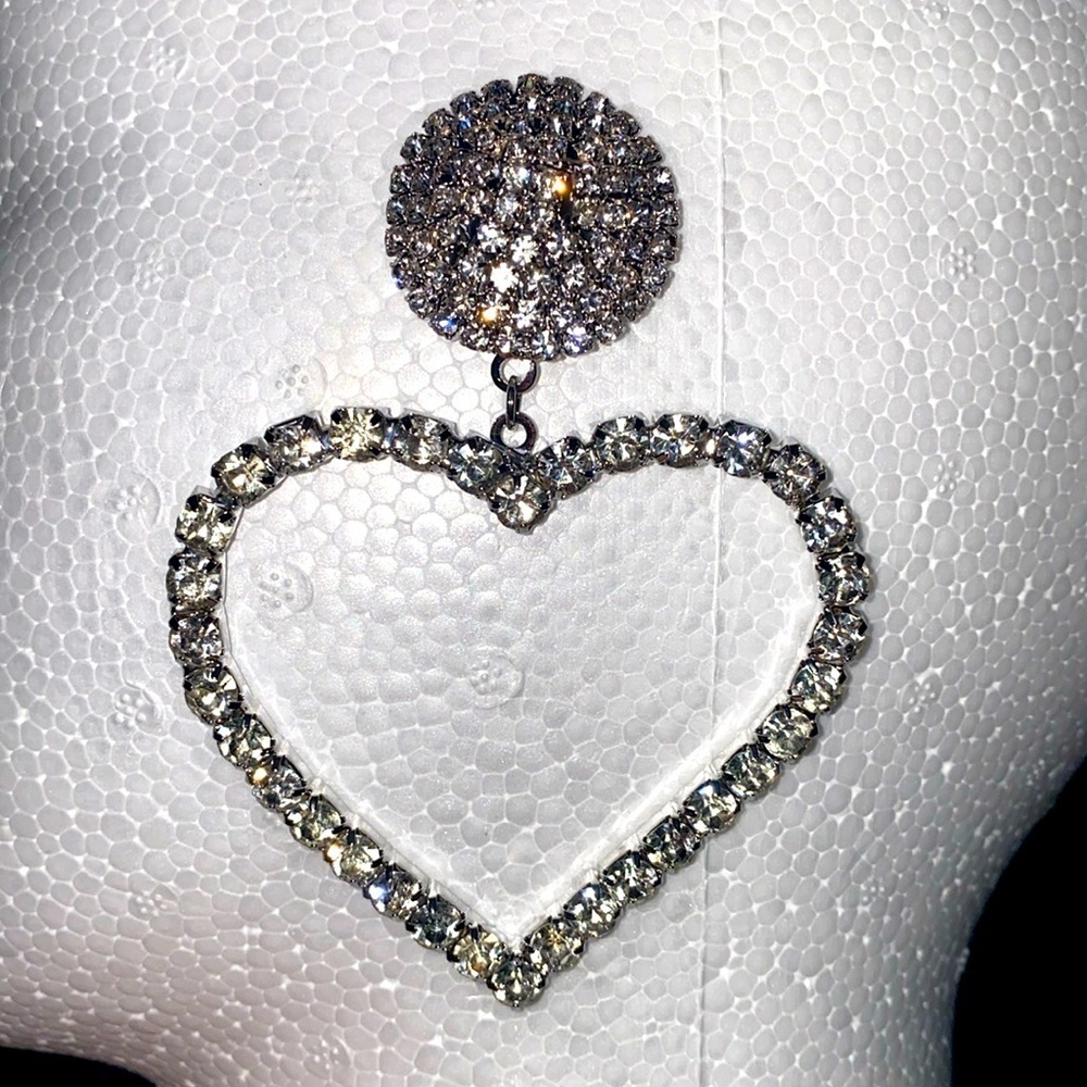 Large Heart Rhinestone Dangle Earrings Sparkly Crystal Statement Drop Dangle - Picture 7 of 7